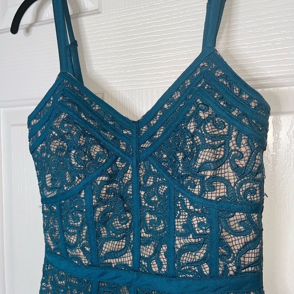 HARLYN x ANTHRO Teal Corset Bodycon Lace Midi Cocktail Dress Size XS - Picture 5 of 8